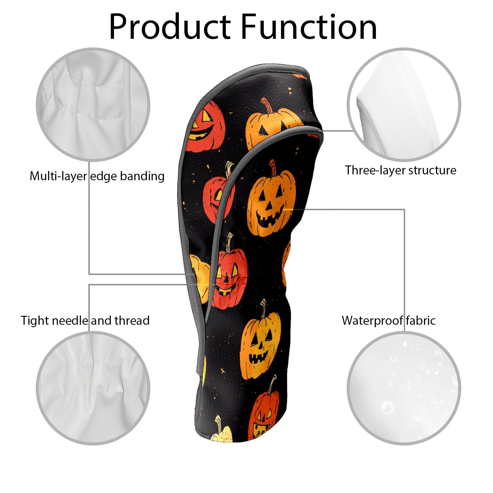 Golf Club Covers PU Leather Waterproof Head Covers for Fairway Woods Hybrids Halloween Pumpkin Pattern Unisex Fits Most Brands