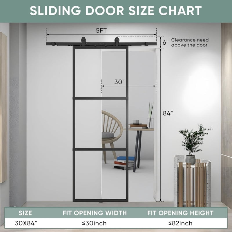 Easy4Home 30"x84" Clear Glass Sliding Barn Door with Track and Hardware Kit