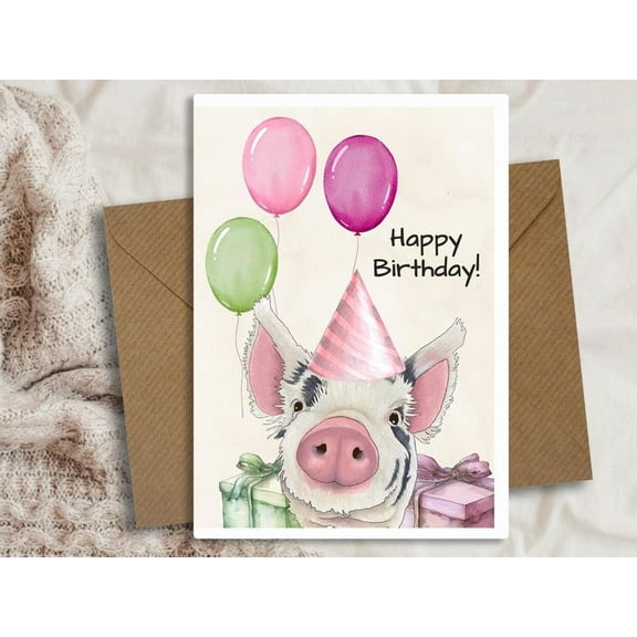 Cute Birthday Card Featuring Playful Pig with Balloons - "Happy Birthday!" Design - Includes Envelope - Perfect for Friends, Family, and Animal Lovers