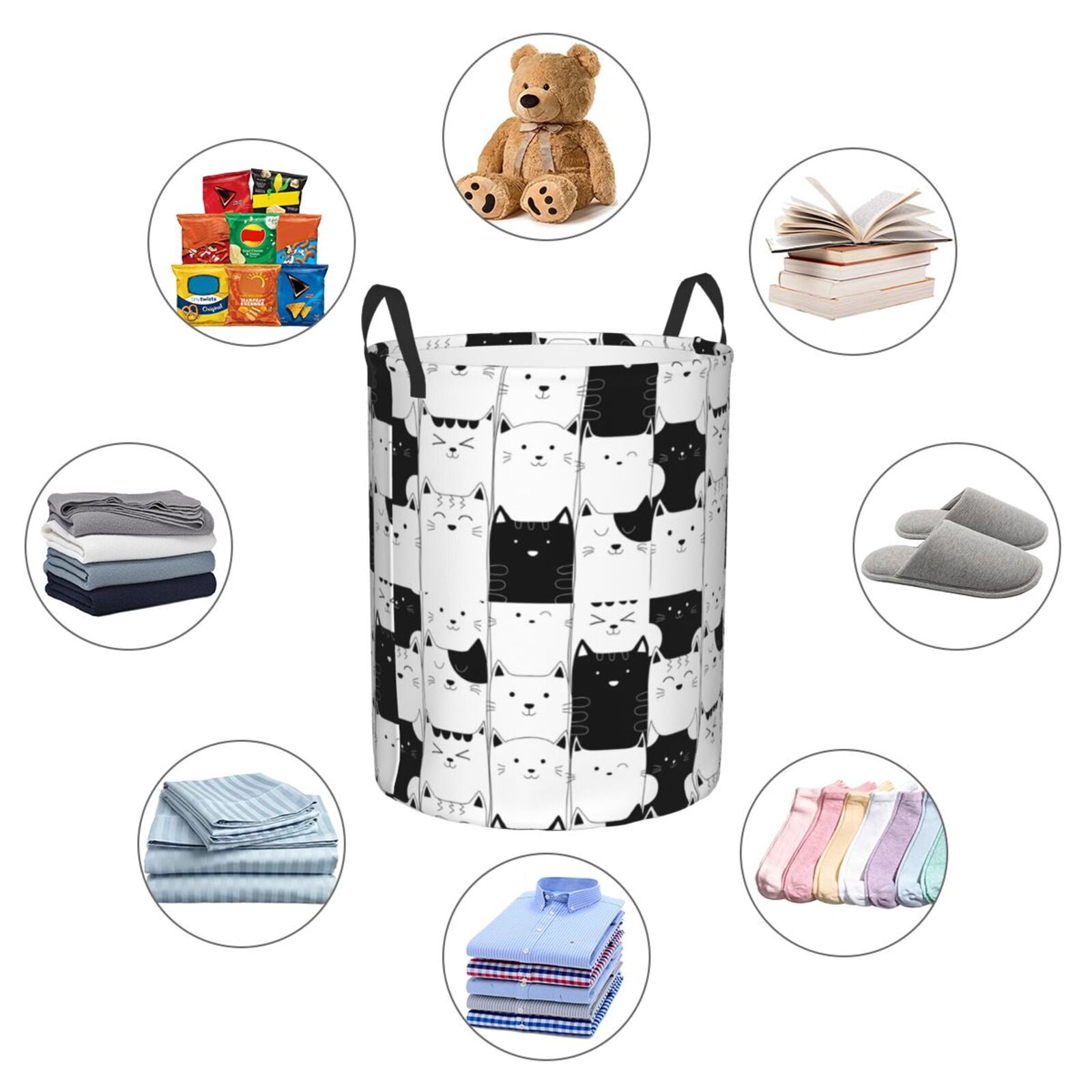 Large Laundry Basket with Handles - Doodle Cute Cat Kids Baby Dirty Clothes Laundry Hamper for Bedroom Aesthetic