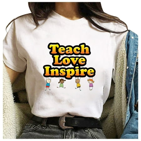 

Teach love inspire Tops for Women Heart Funny Graphic Tunic Summer Casual Short Sleeve Crewneck Tops Plus Size Shirt