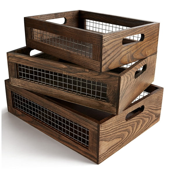 NAGAWOOD Wooden Nesting Countertop Baskets Set of 3 for Kitchen, Bathroom, Pantry|Wall Mount Upgrade with Full Accessories|Wooden storage organizer For Fruit, Vegetables, Produce, Bread|Wooden Crate with handles|Decorative Walnut Wood and Metal Wire