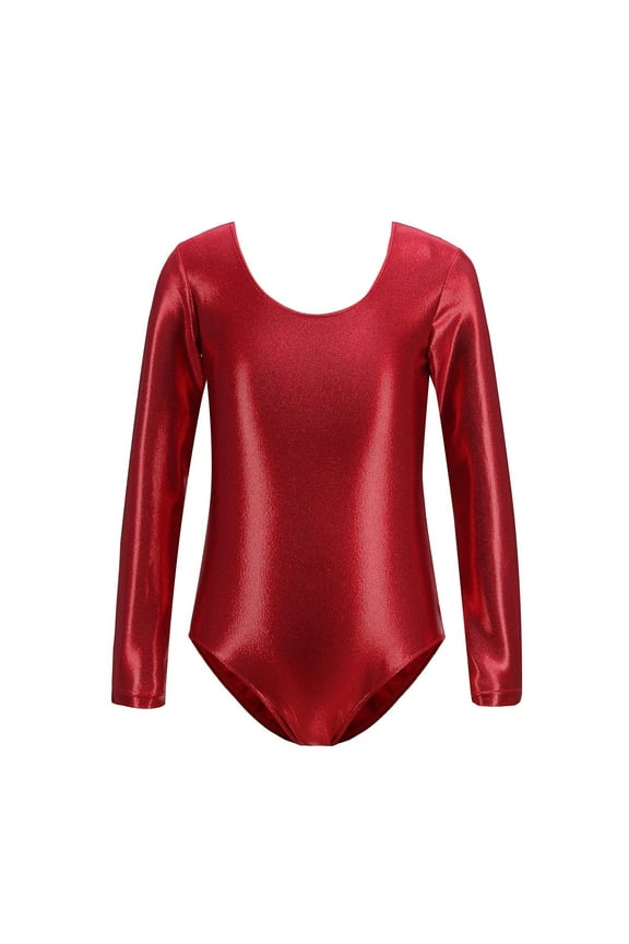 Girls Boys Gymnastics Leotards Spring Summer Long Sleeve Solid Color Ballet Yoga Shiny Dance Leotard Bodysuit Cute Performance One-Pieces ,Red,5-6 Years