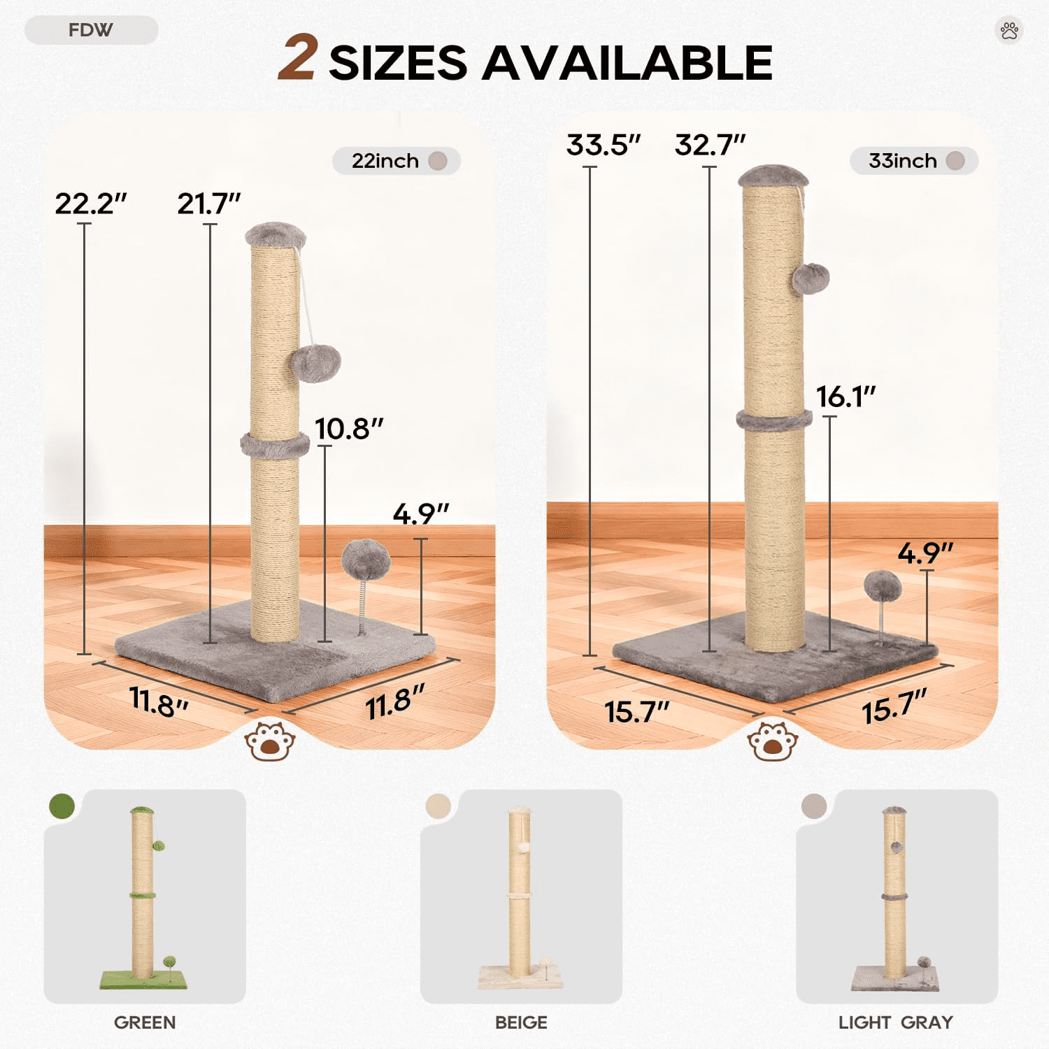 BORGEBY 33 Inch Cat Scratching Post, Natural Sisal Rope Cat Scratcher with Hanging Ball Toy for Indoor Cats and Adults ,Light Gray