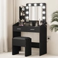thumbnail image 1 of Bingirl Vanity Desk with Mirror and LED Lights - Makeup Vanity Desk with Power Outlet and Cushioned Stool - Dressing Table with 2 Drawers and 3 Lighting Modes Adjustable Brightness for Bedroom - Black, 1 of 7