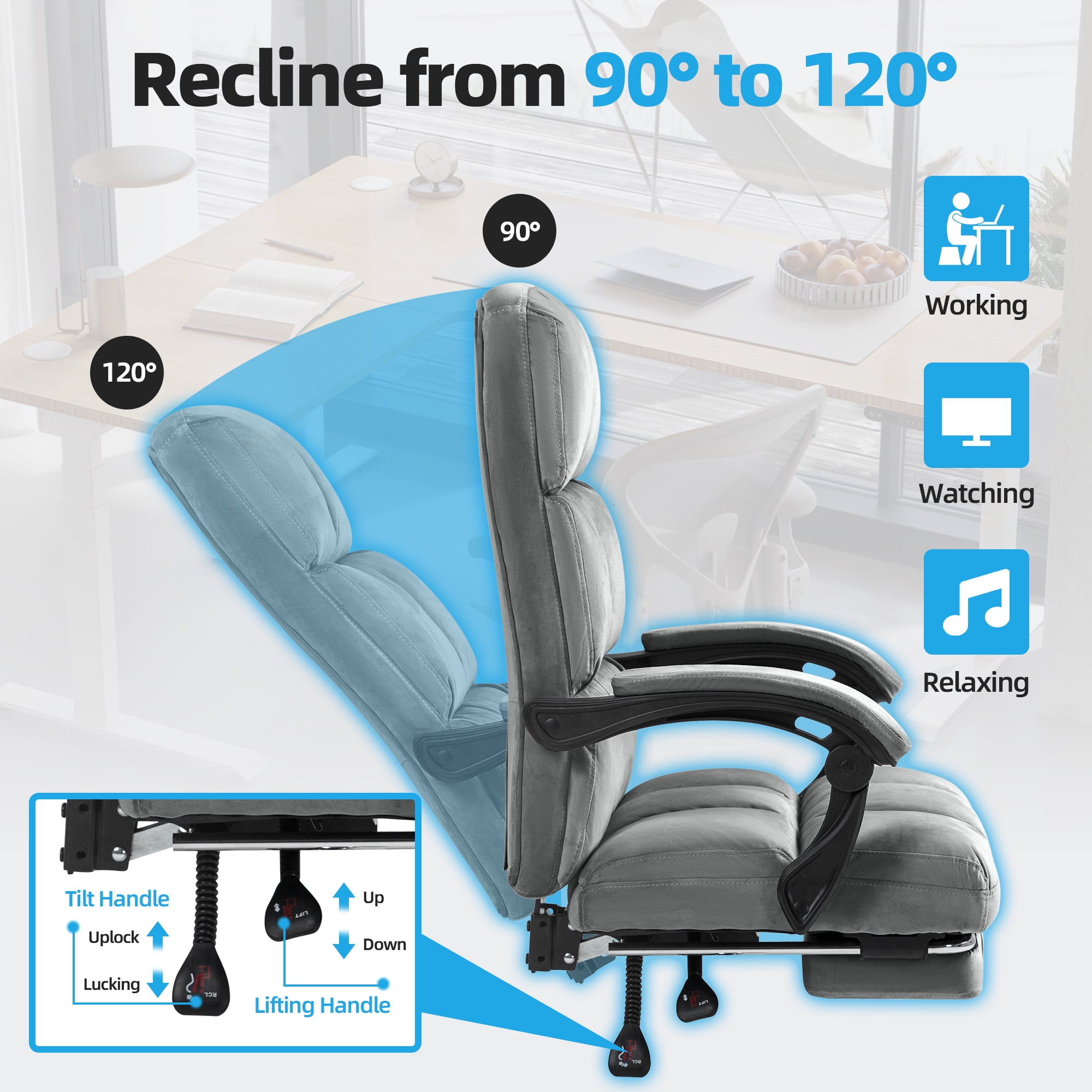 Homhum Velvet Executive Chair, Ergonomic Office Chair with Footrest, Gray