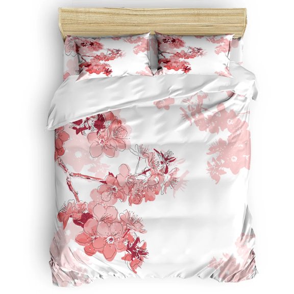Bed Sheet Set Pale Pink Sakura Branch with Cherry Flowers Tender Spring Decorative 3 Piece Beddi