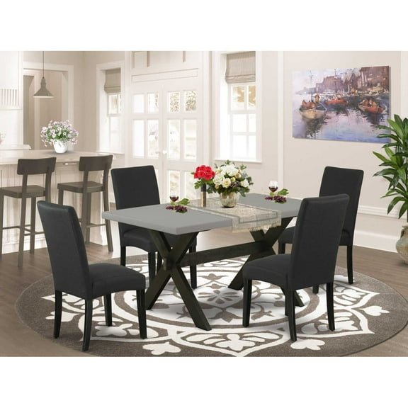 East West Furniture 5-Piece Dining Room Set- 4 Upholstered Dining Chairs with Black Linen Fabric Seat and Stylish Chair Back - Rectangular Table Top & Wooden Cross Legs - Cement and Black Finish