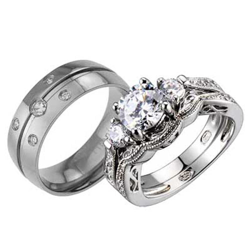 Titanium Wedding Band Ring with Three-Stone Black Cubic Zirconia Size 6-13 