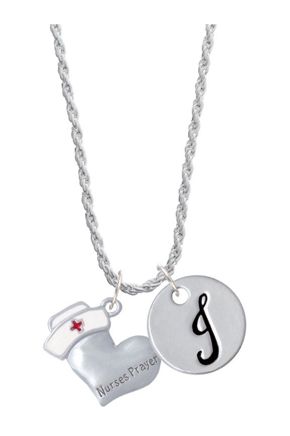 Silvertone Nurse's Prayer Heart - Healing Hand Silvertone Script Initial Disc - J - Charm Necklace, 20"+3"