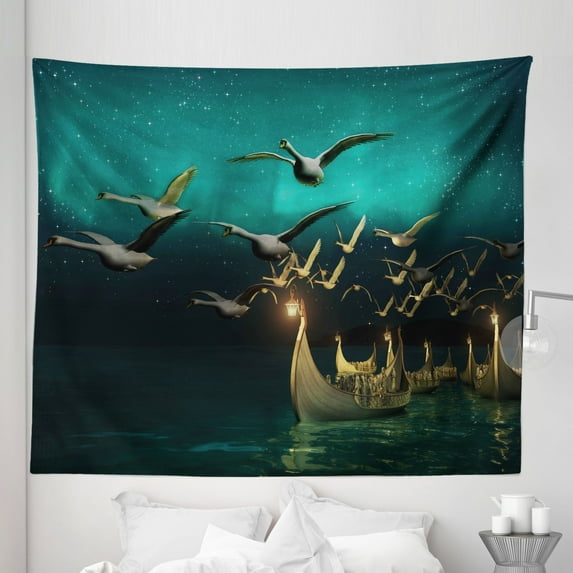 Fantasy Tapestry, Medieval Boats Birds Flying Adventure Illustration, Fabric Wall Hanging Decor for Bedroom Living Room Dorm, 5 Sizes, Sand Brown Dark Teal, by Ambesonne