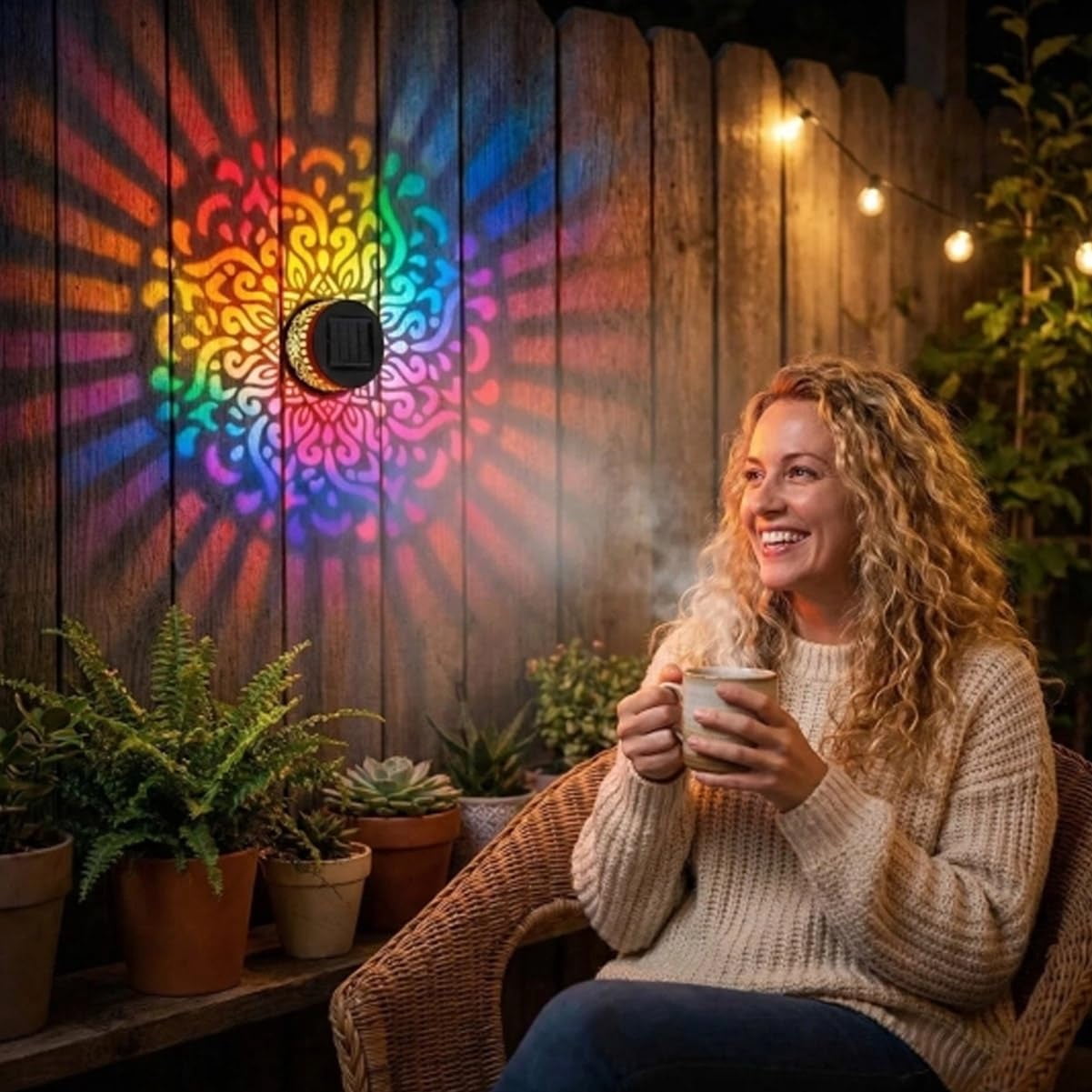 Solar Mandala Projection Wall Light - 7-Color Changing, Waterproof Metal for Yard & Patio