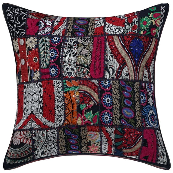 Stylo Culture Indian Cotton Living Room Throw Pillow Sham Cover Black 20x20 Bohemian Vintage Patchwork Indian Couch Cushion Cover 50 x 50 cm Decorative Abstract Square Pillowcase | 1 Pc