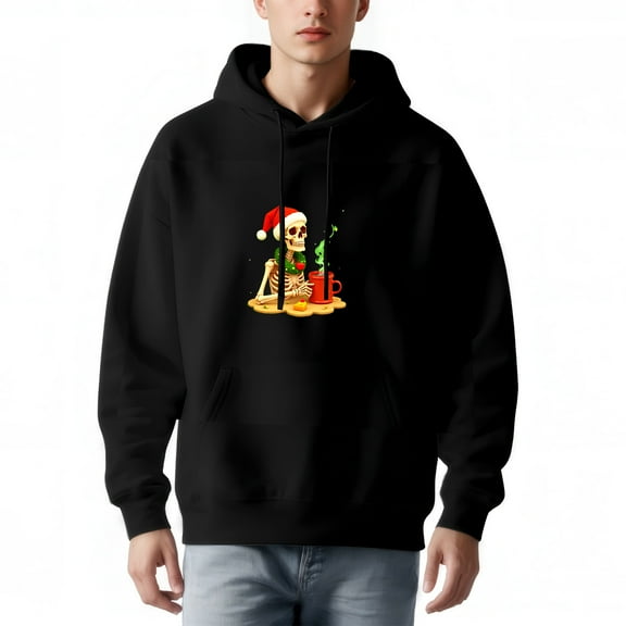 Men's Long Sleeve Hoodie Pullover Sweatshirt - Festive Skeleton with Santa Hat & Scarf Colorful Holiday Design Front Pocket