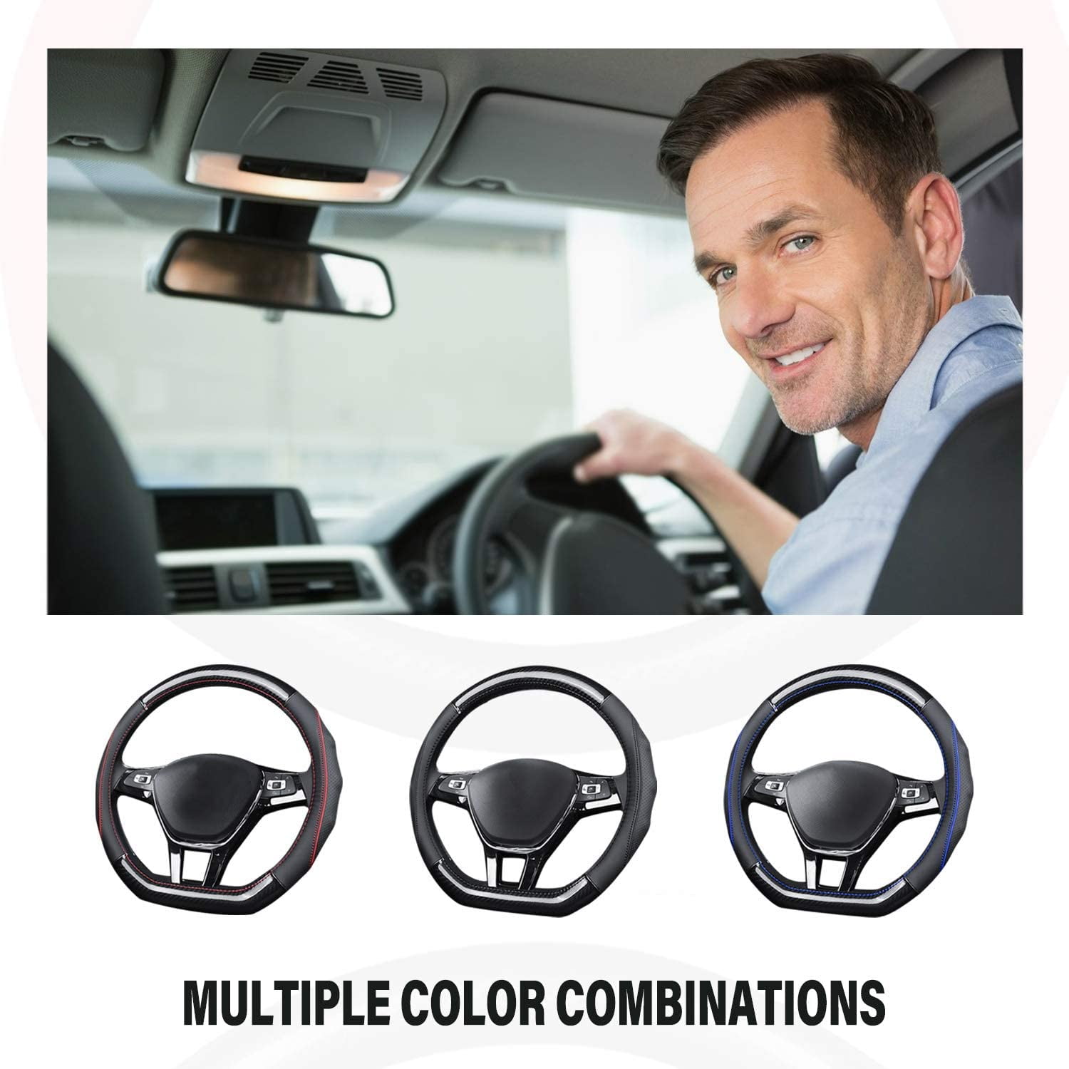 D-Shape Car Steering Wheel Cover Non-Slip Car Steering Wheel Protector Universal for Diameter 38cm, Black