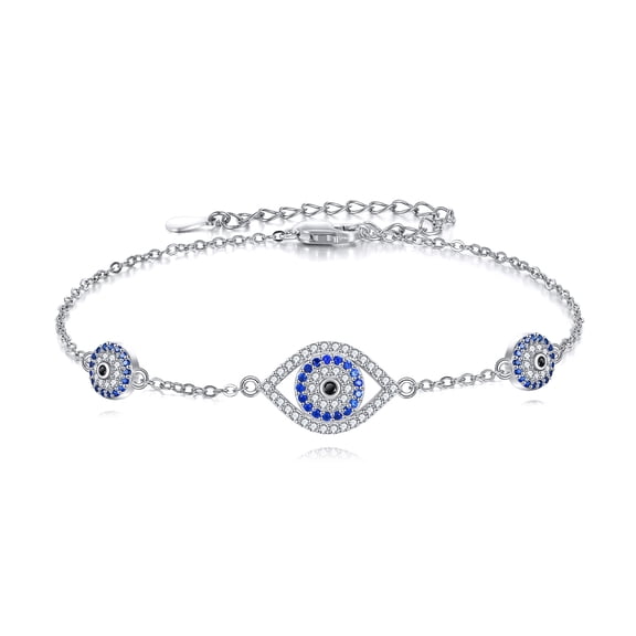 925 Sterling Silver Blue Evil Eyes Link Bracelet Adjustable Chain Third Evil Eye Jewelry for Women
