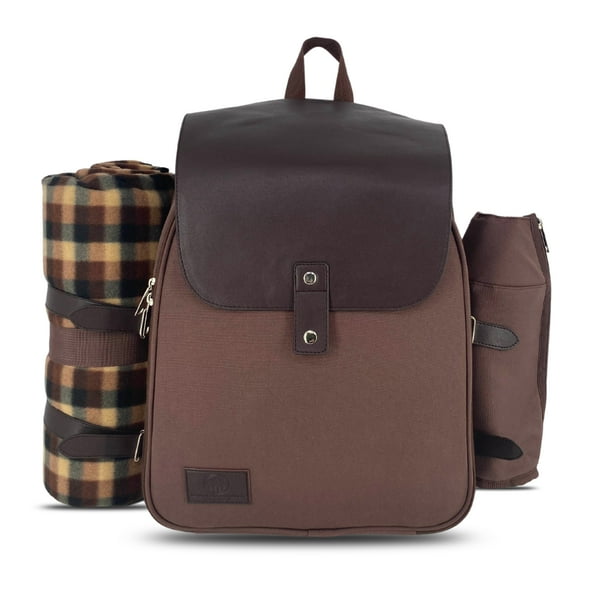 Picnic Backpack Canvas and Faux Leather Picnic Backpack for 4
