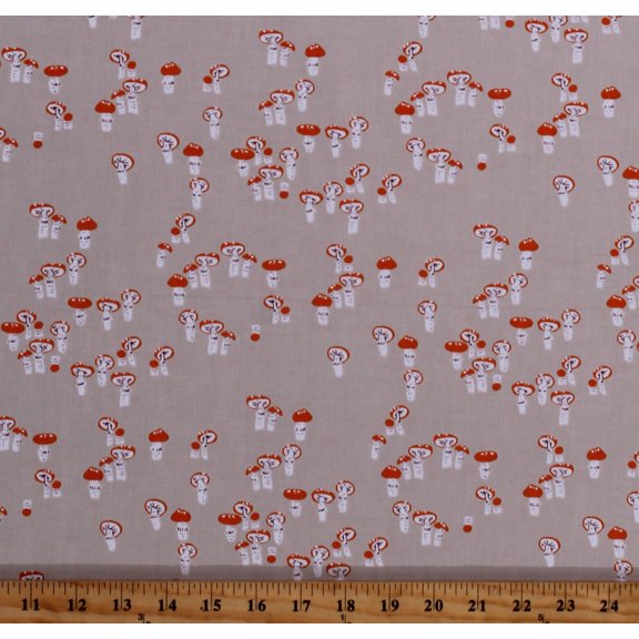 Cotton Mushrooms Toadstools Fungi Nature Woodland Forest Far Far Away III Tan Cotton Fabric Print by the Yard (52756-3)