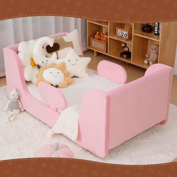 Mophoto Warm Pink Upholstered Toddler Bed with Padded Headboard Frame with Removable Guard Rails Kids Toddler Floor Standard Crib Size Bed for Girls and Boys(Mattress Not Included)