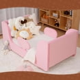 thumbnail image 4 of Mophoto Warm Pink Upholstered Toddler Bed with Padded Headboard Frame with Removable Guard Rails Kids Toddler Floor Standard Crib Size Bed for Girls and Boys(Mattress Not Included), 4 of 6