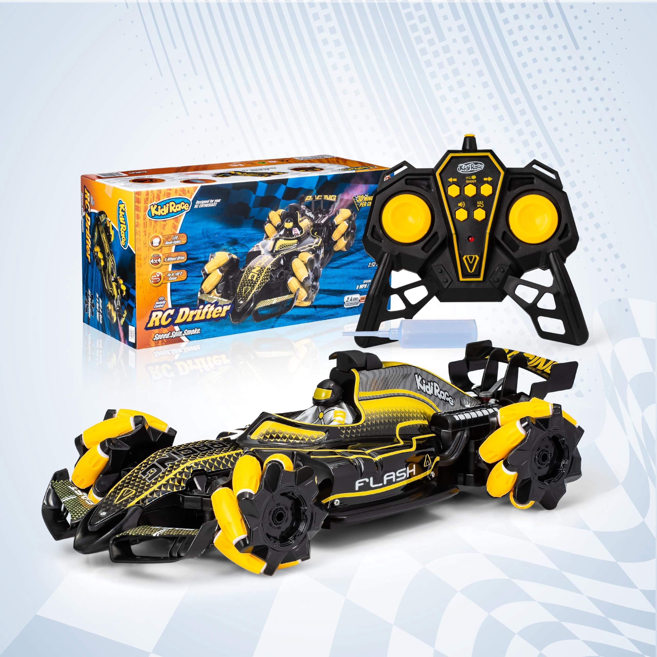 Rechargeable Remote Control RC Car for Kids, 360 Twisting 4wd Drifter Vapor Generating 1:12 Scale