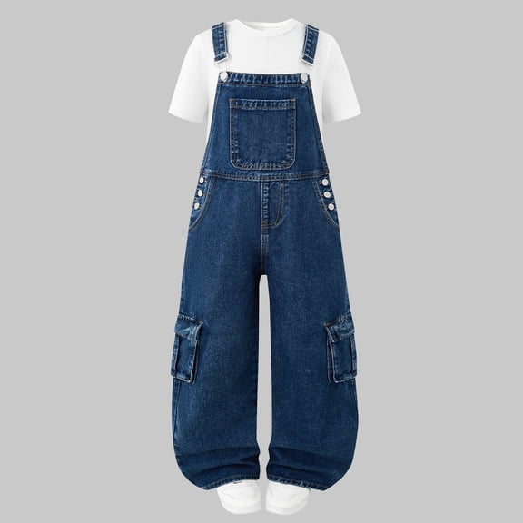 Cethrio Girls Denim Overalls Size 8, Adjustable Straps Sleeveless Wide Leg Stretchy Jeans Jumpsuits Blue Size 8