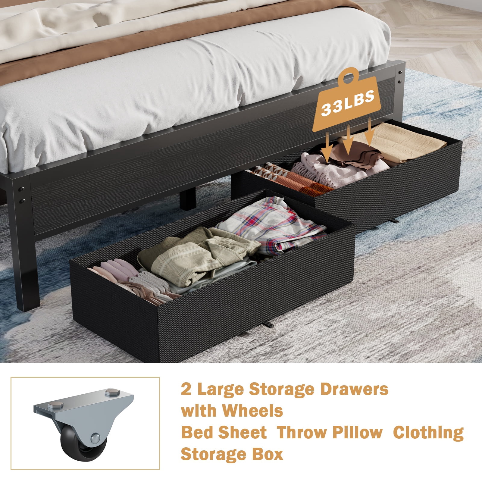 BYT Twin Bed Frame with 2 Drawers & Storage Headboard, Platform Metal Bed with 2 USB Ports and Outlets, No Box Spring Needed