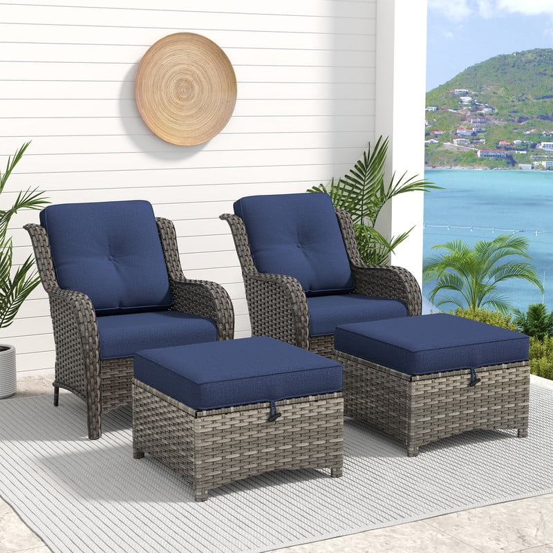 Meetleisure 4 Piece Wicker Patio Furniture Set, Rattan Chairs with Ottomans, High Back, Deep Seating, Wide Armrest, Thick Cushions for Deck Porch, Dark Blue