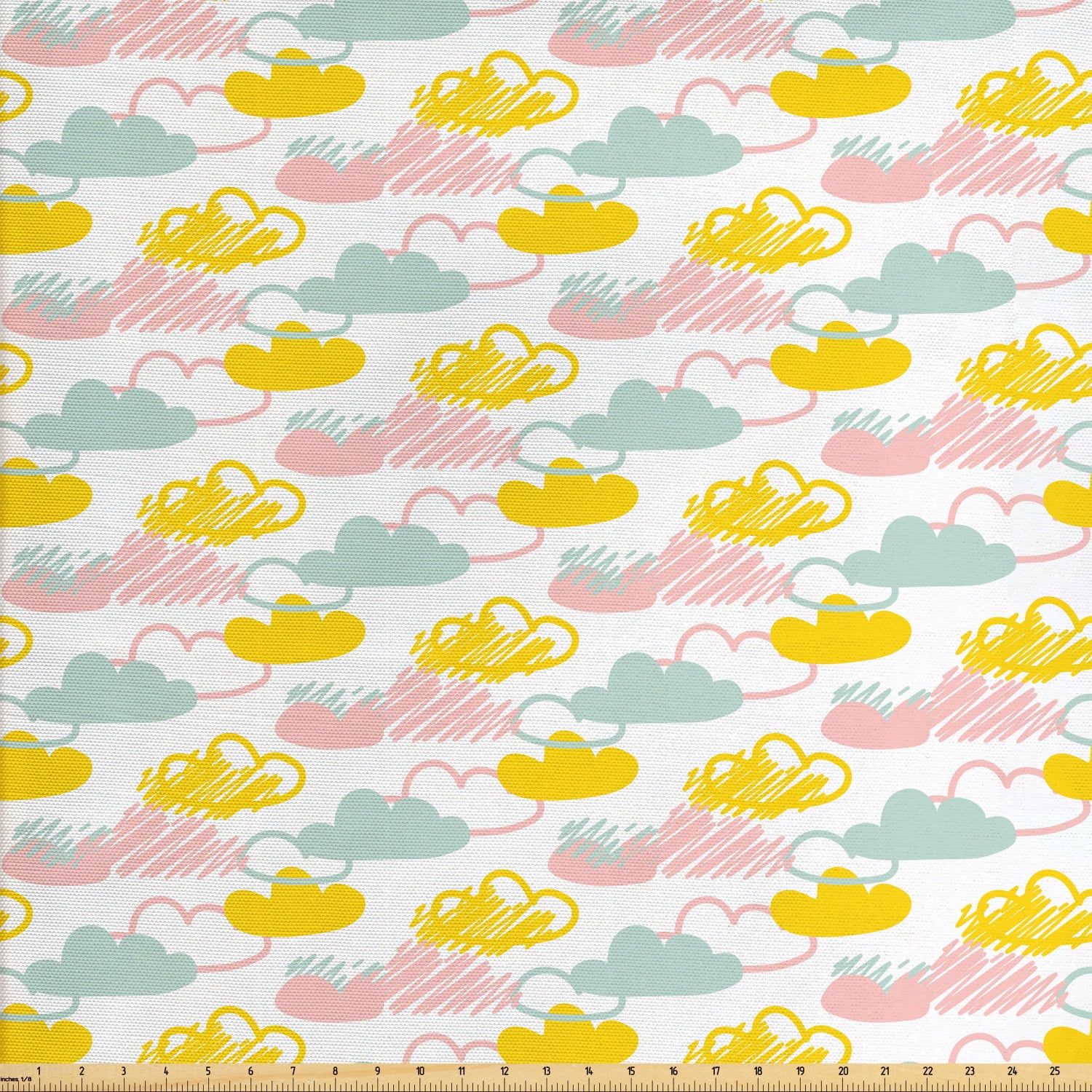 Cartoon Fabric by the Yard, Fluffy Cloud Illustrations with Scribbles