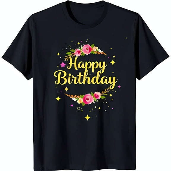 Black T-Shirt with Gold Glitter 'Happy Birthday' Floral Wreath Design