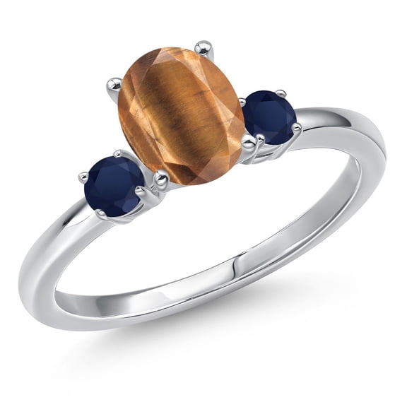 Gem Stone King 14K White Gold Brown Tiger Eye and Blue Sapphire Engagement Ring for Women | 1.55 Cttw | Oval 8X6MM | Gemstone Birthstone | Size 7