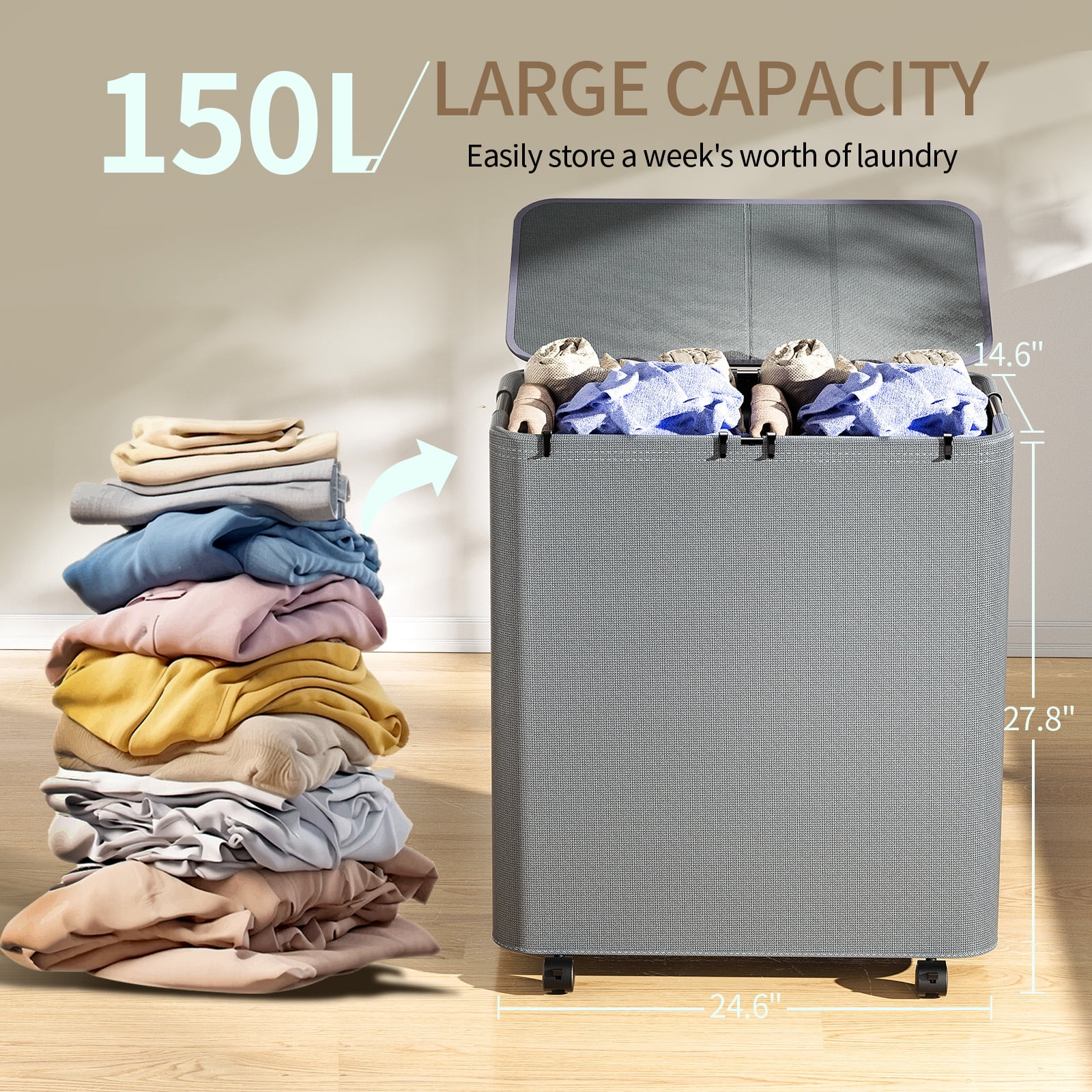 Yecaye Laundry Hamper with Wheels, 150L Large Laundry Basket with Lid & 2 Removable Bags