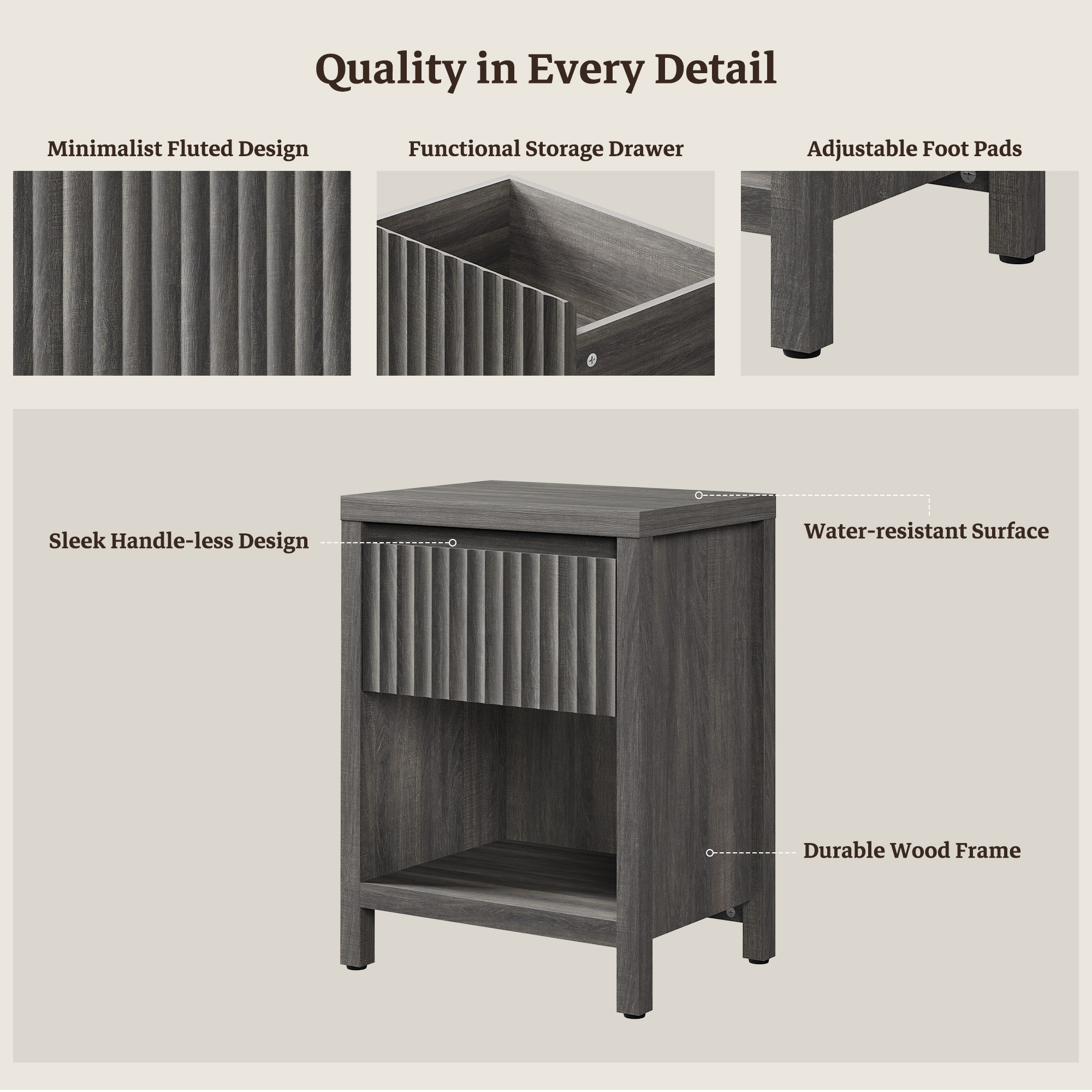 SICOTAS 26" Tall Farmhouse Nightstand Set of 2 with Drawer, Modern Beside Table with Minimalist Fluted Design & Handle-Less Storage Engineered Wood Bed Side Table for Bedroom, Black Oak
