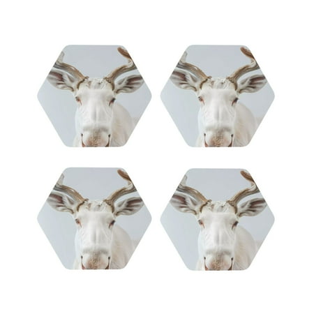 

Junzan White Reindeer Portrait Print Coasters for Drinks - Leather Coasters Set of 4 for Coffee Table for Housewarming/Kitchen/Bar/Decor-Hexagon