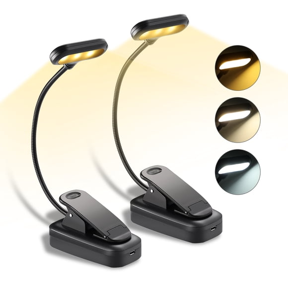 Anpro - Paquete de 2 luces de lectura recargables (6 LED, 3 niveles de brillo y 3 temperaturas de color), hasta 40 horas de lectura, luces de lectura ligeras con clip para libros en la cama