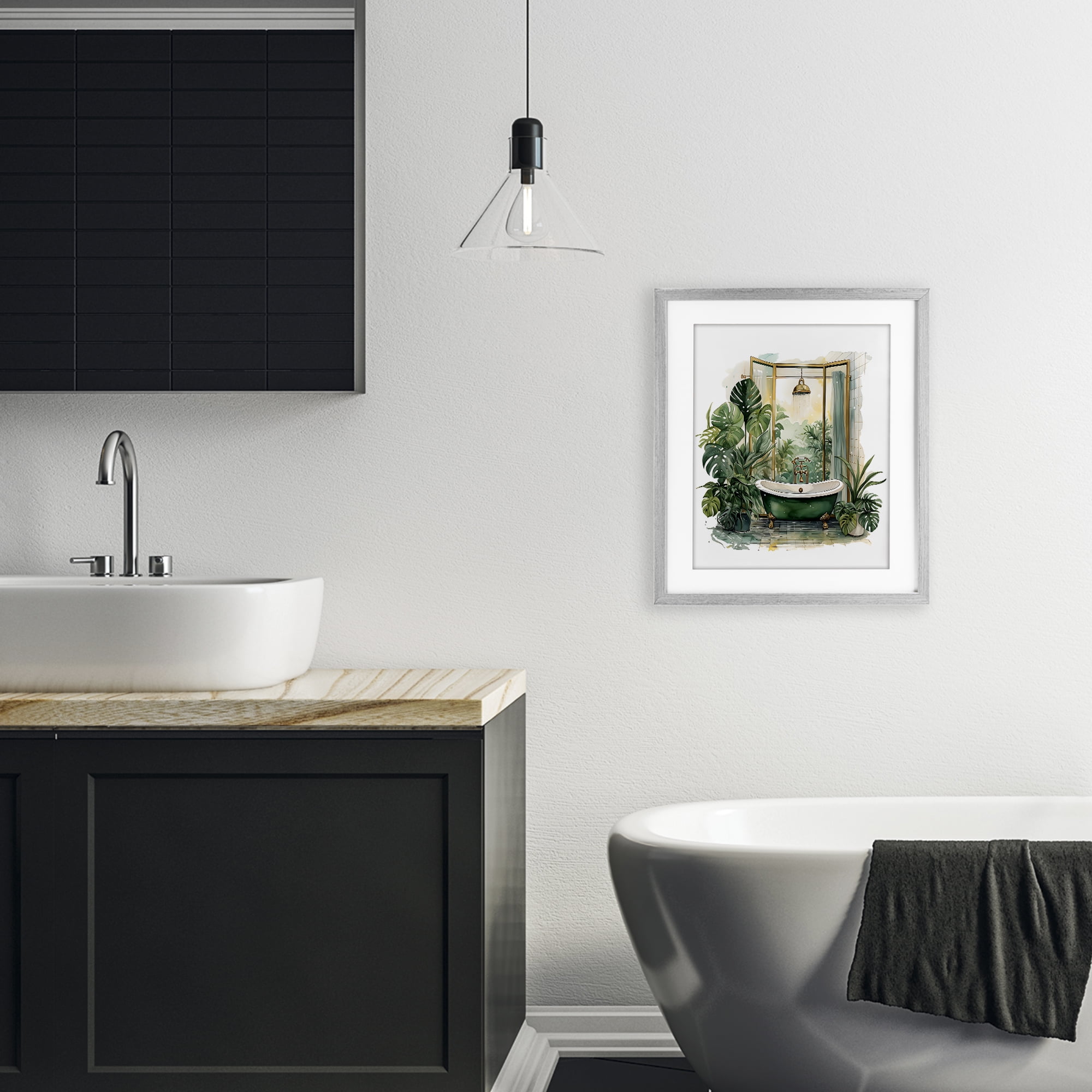 Bathtub in Tropical Oasis Gray Framed Print Under Glass, design by Lettered and Lined