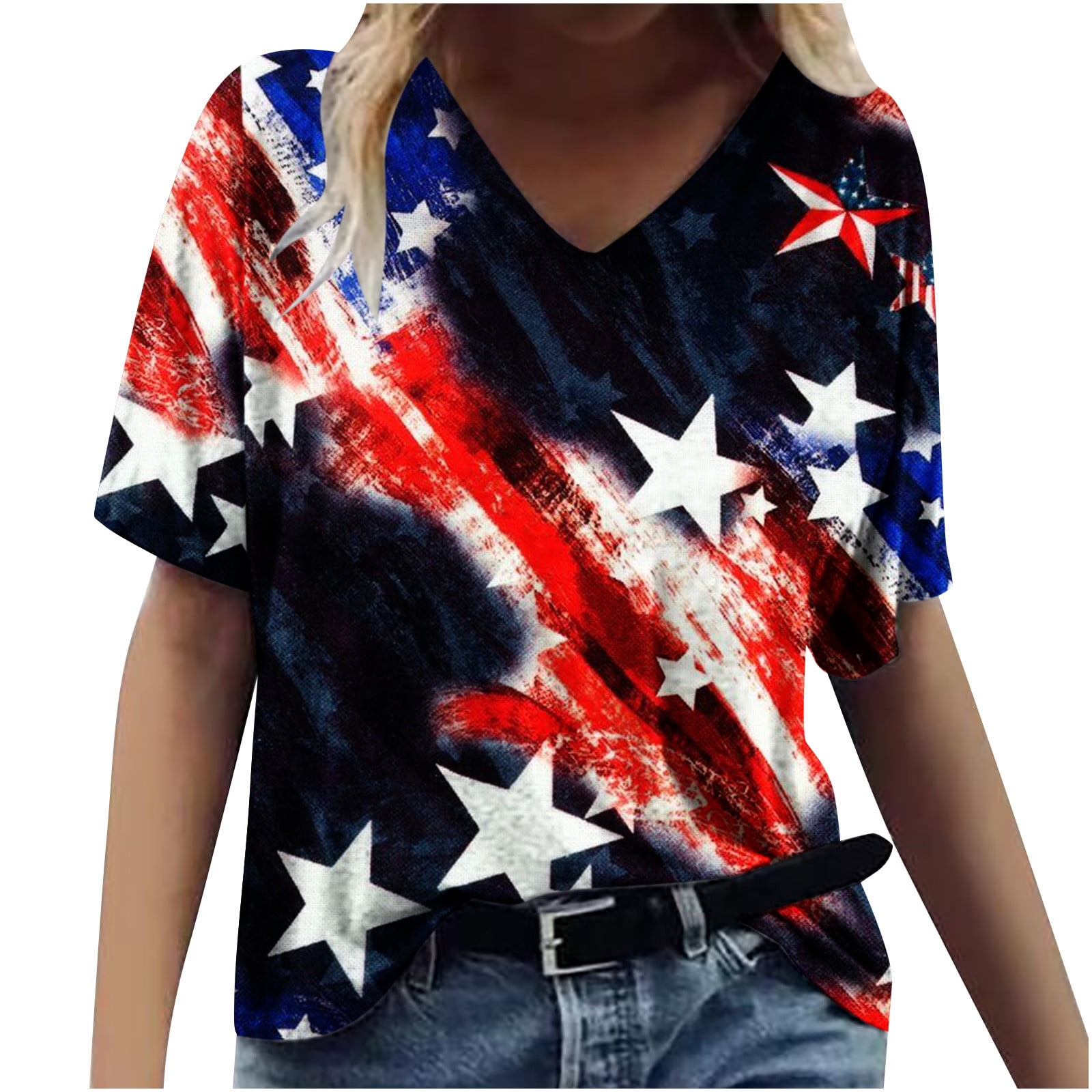 Olyvenn Summer Womens Independence Day T Shirts Tunic Tops V Neck