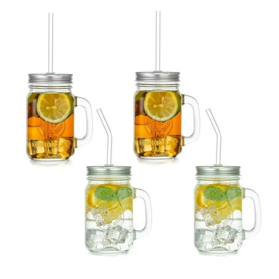 Glasseam 16oz Mason Jar Drinking Glasses Cup with Handle Lid and Straw for Iced Coffee Tea Smoothie Set of 4