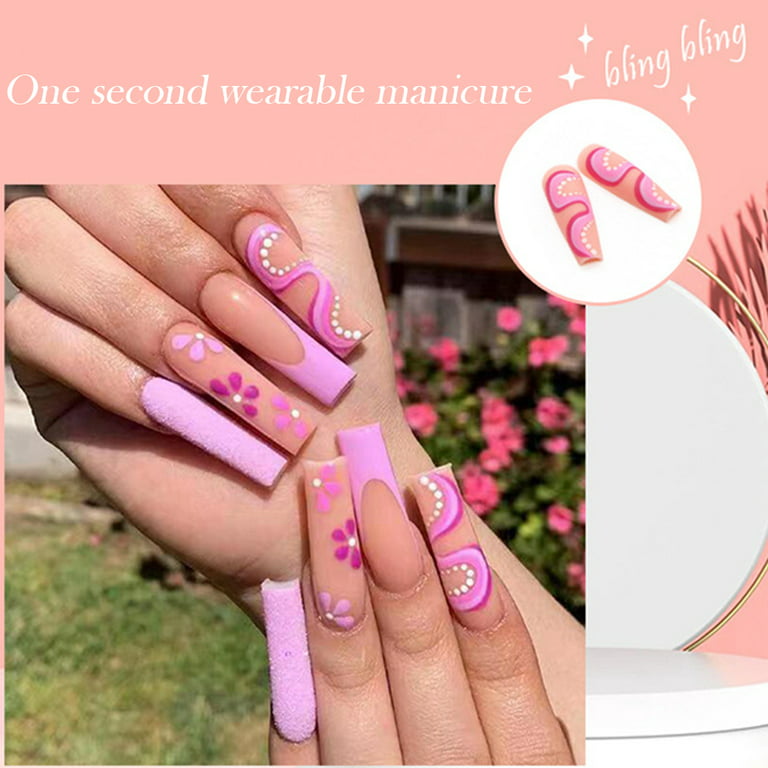 Enowise-YL Press on Nail Art Matte Purple Long Ballerina Nail with Flower Print for Nail Art Manicure Decoration