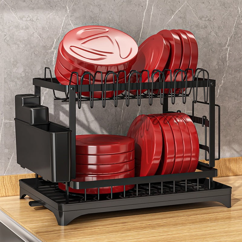 Dish Drying Rack - Stainless Steel Dish Rack for Kitchen Counter, 2-Tier Kitchen Organizers and Storage Rack with Drainboard and Cutlery Holder, Large, Black