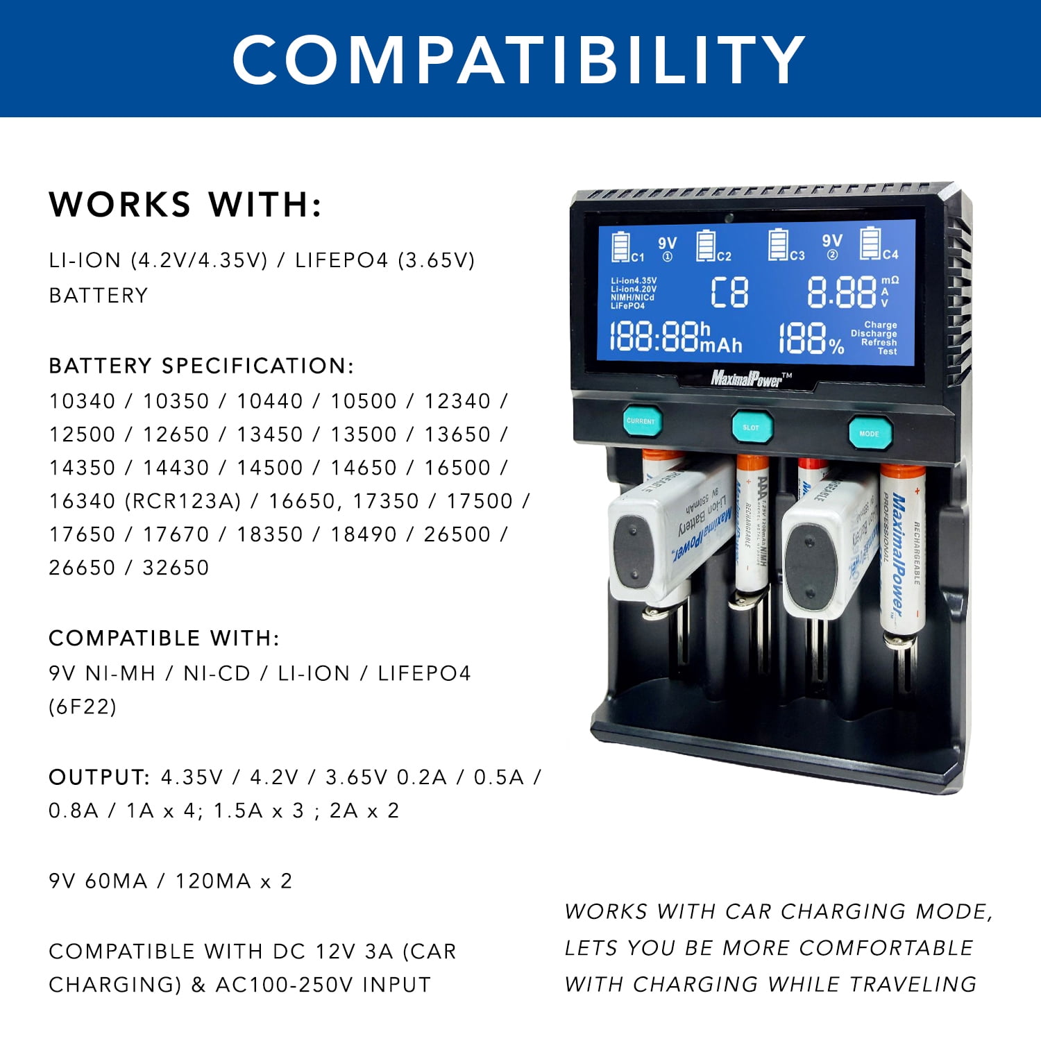 MaximalPower Universal Smart Battery Charger with Smart LCD Display for Rechargeable 9V AA AAA C D 26650 Batteries Li-ion Ni-MH - 6 Bay (2x 9V Battery Bays and 4x Universal Bays)