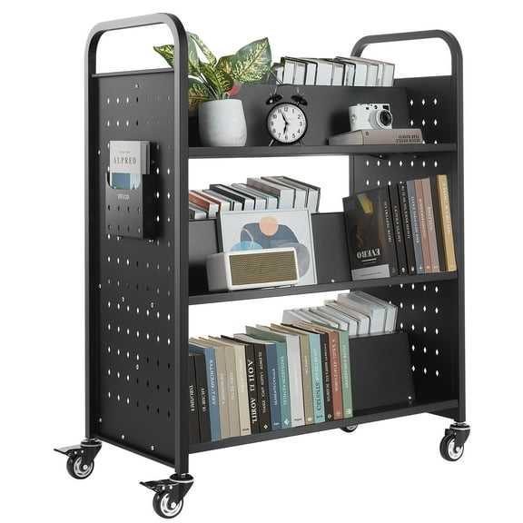 VEVOR Rolling Library Book Cart, 330 lbs Capacity,38.2 x 20.3 x 48.2-Inch Library Cart,Double Sided W-Shaped Shelves with 3-Inch Lockable Wheels,Book Truck for Home Shelves Office and School,Black