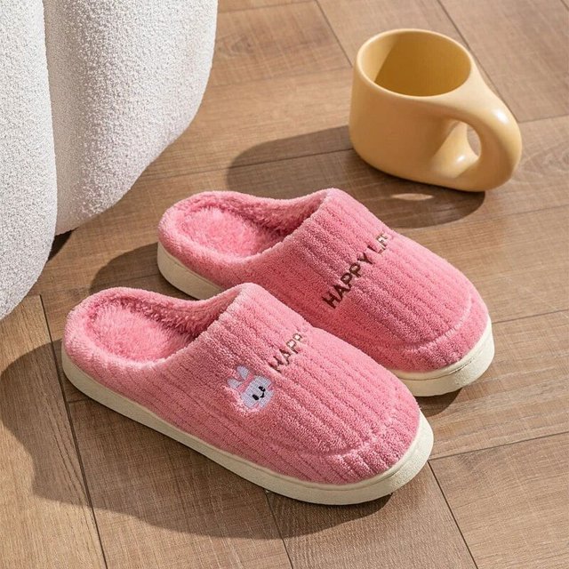 Lindos zapatos de algodón de piel de conejito señoras parejas suela gruesa hogar interior exterior niño niñas diapositivas invierno hogar cálido pantuflas mullidas