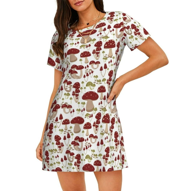 Fotbe Mushroom Bata de Dormir para Mujer con Estampado, Camisón de Algodón de Manga Corta, Ropa de Dormir Casual