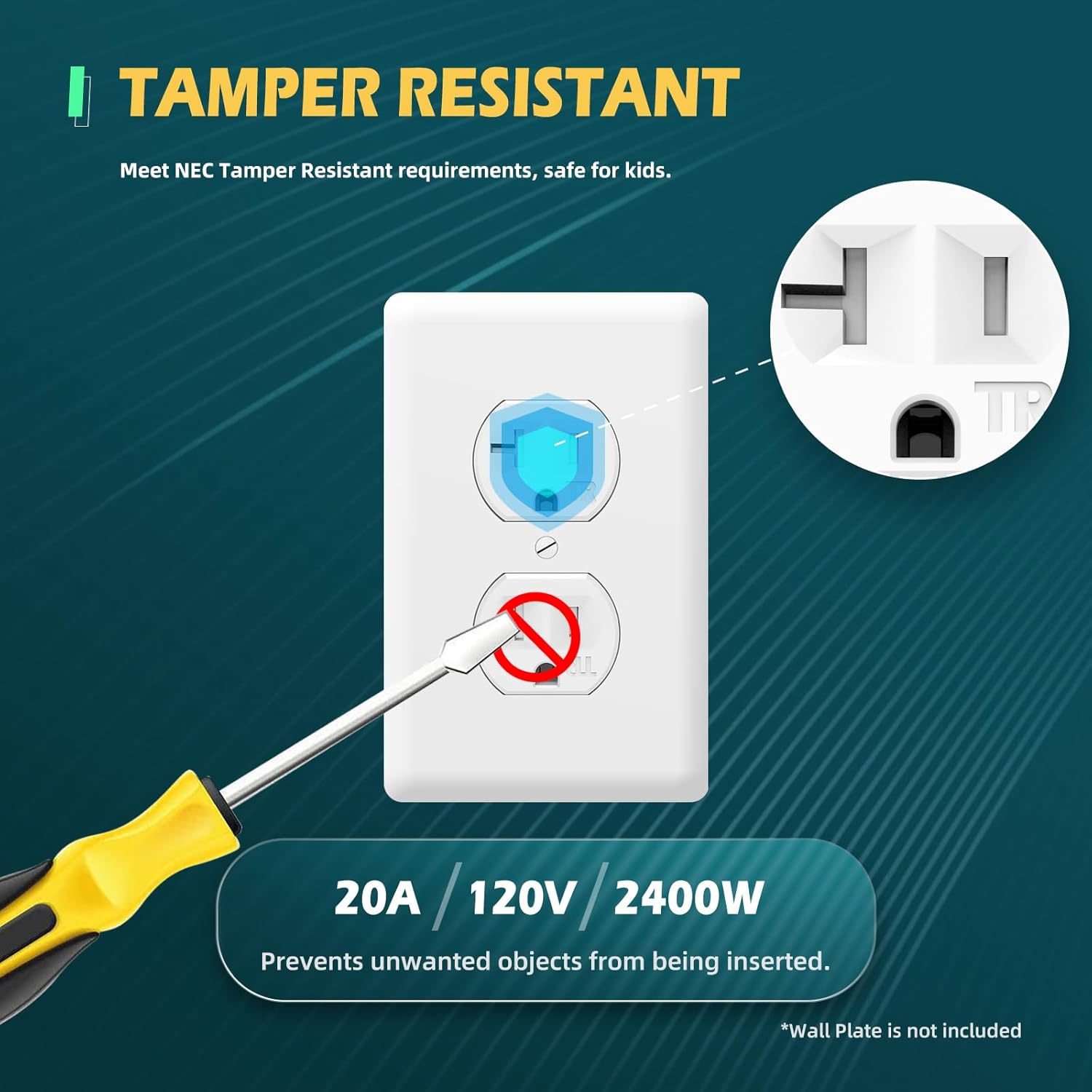 Duplex Wall Receptacle Outlets, 20A Tamper-Resistant Electrical Receptacle, 2 Pole 3 Wire, Self-Grounding, Residential Grade Wall Power Socket, White, UL Listed, 10 Pack