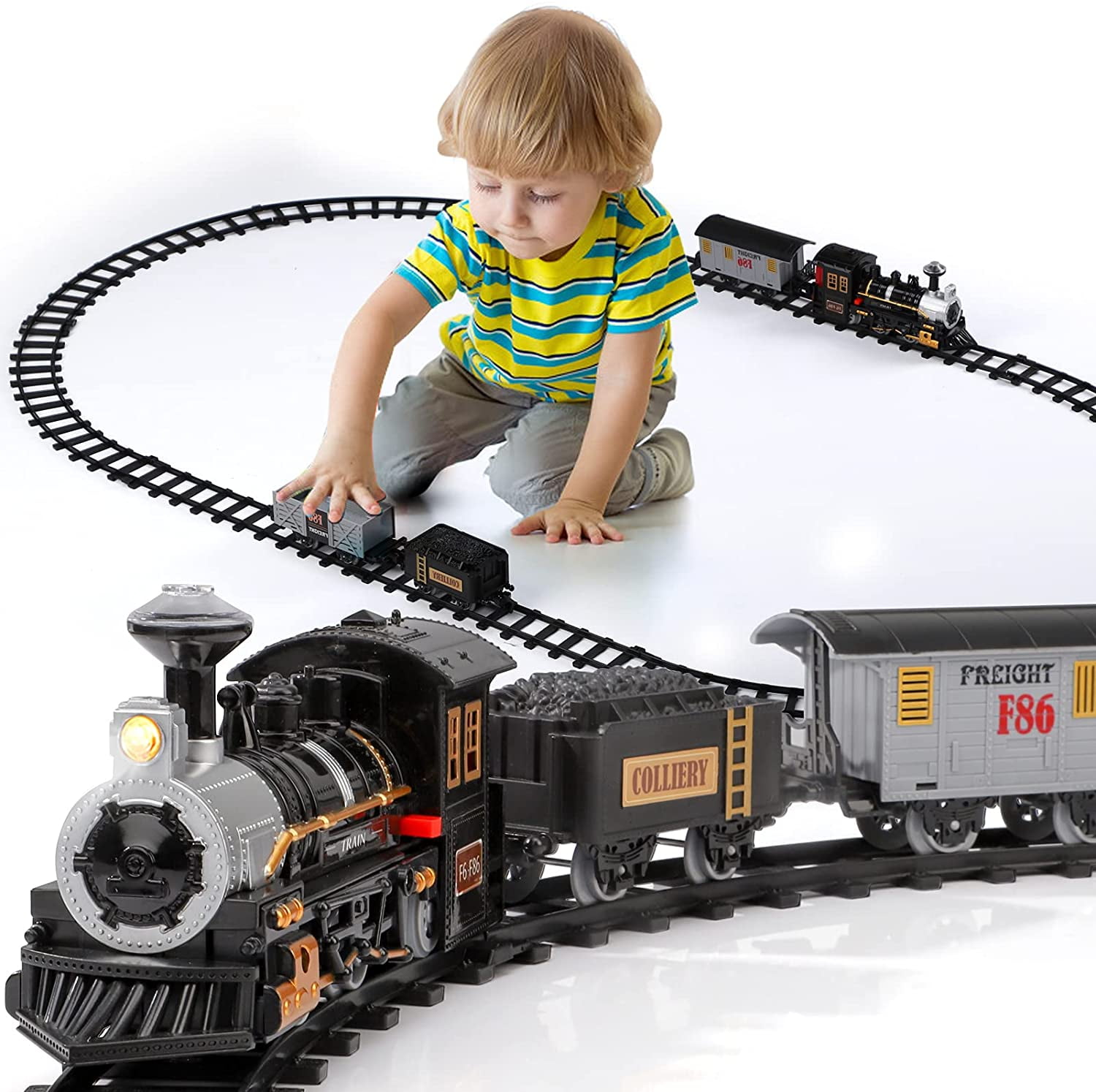 Lucky Doug Electric Train Set for Kids, Battery-Powered Train Toys with  Light & Sounds Include 4 Cars and 10 Tracks, Classic Toy Train Set Gifts  for 3 