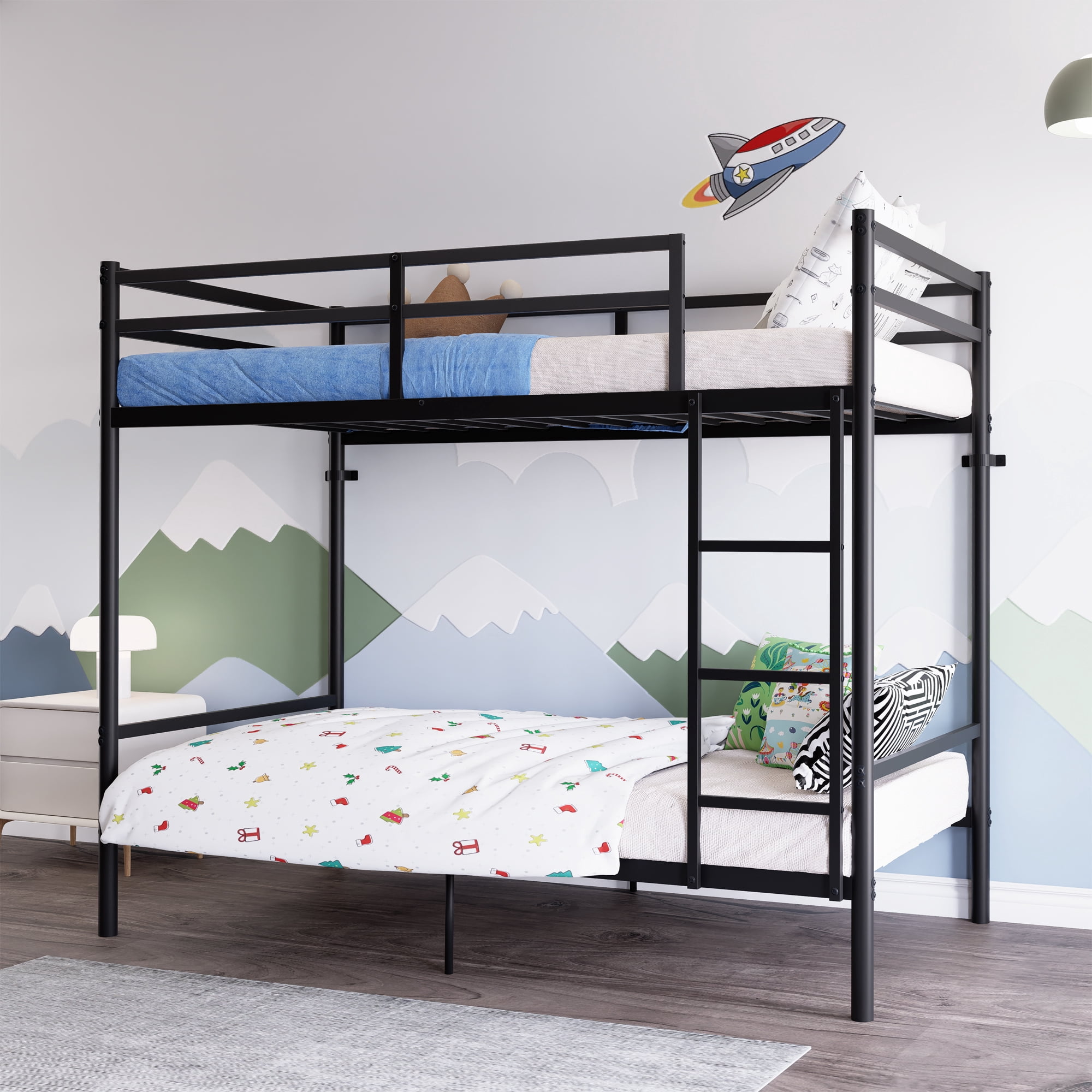 Leumius Twin Over Twin Metal Bunk Bed,Heavy Duty Bed Frame with Ladder and Guardrail for Bedroom, Dorm, Easy Assembly,Space-Saving,Black