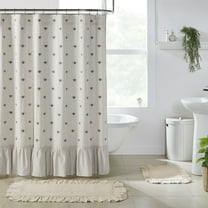 VHC Brands Embroidered Bee, Farmhouse Bathroom Shower Curtain, Ruffled, Creme Yellow Grey, 72x73