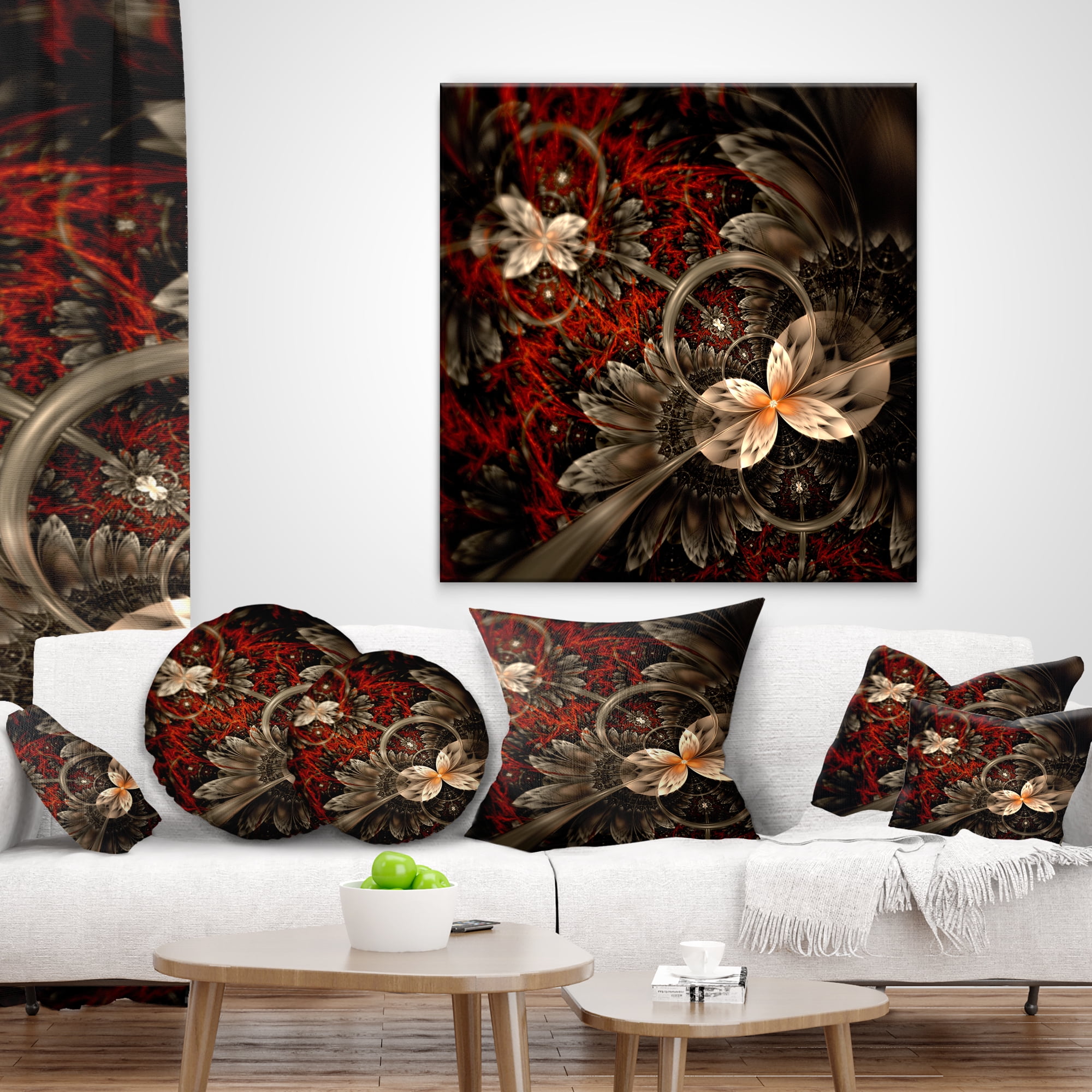 Designart Red and Orange Fractal Flower Pattern - Floral Throw Pillow - 16x16