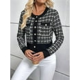 thumbnail image 4 of Womens - Plaid Blazer Dressy Casual Button Front Cardigan Crew Neck Long Sleeve Texture Knit Jackets Black S, 4 of 9